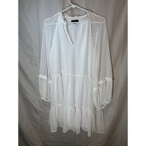 1.STATE Womens White Clip Dot Tiered Mini Dress V-Neck Long Sleeve Size Large